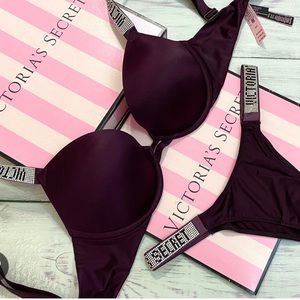 💜Gorgeous deep plum purple rhinestone VS bra set NWT 34c bra S panty💜
